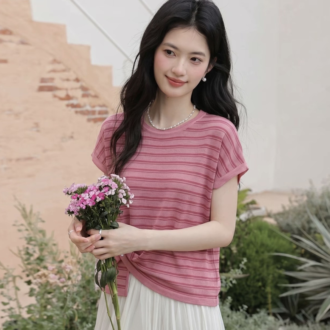 달콤함 배색 스트라이프 반팔 티셔츠 작은 키 루즈핏 캐주얼 디자인 센스 작은 대중 맨위