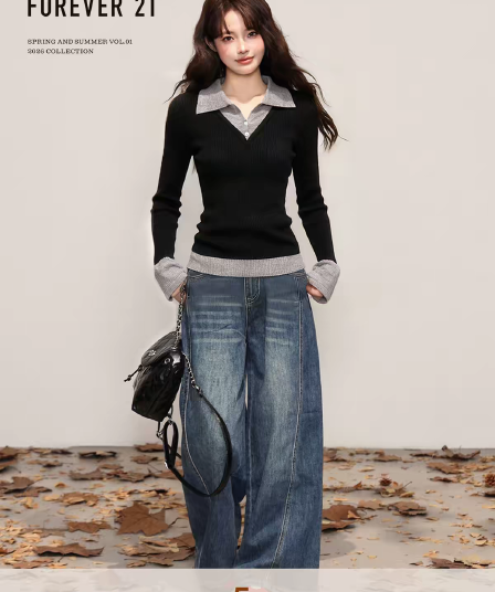 배색 페이크 레이어드 긍정적 인 어깨 니트 기본 셔츠 여성 봄 polo 폴로 칼라 몸매 가꾸기 스웨터 긴팔 인사이드 잡아라. 의류