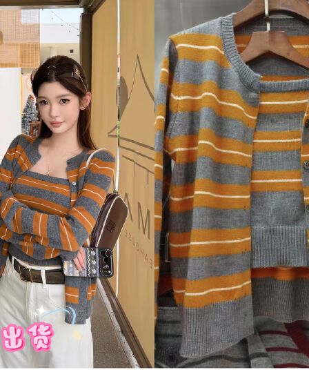 chicyou miu 부서 세련된 슈퍼 색상 일치 회색 주황색 스트라이프 니트 튜브탑 반팔 오픈 가디건