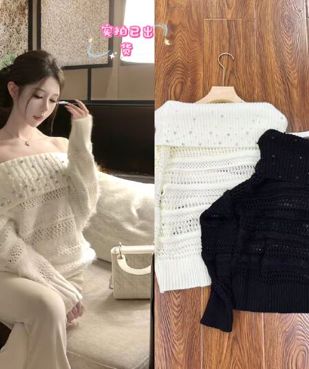 kubiliv 향기로운 분위기 연인 순수한 욕망 섹시함 비즈 박기 보트넥 오프숄더 홀로우 아웃 니트 맨위 스웨터 여자