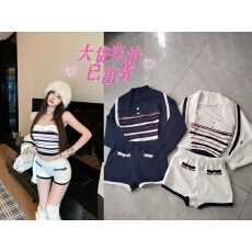 批发YZZIHE 【伦敦漫步】慵懒条纹小香大翻领<b class='q'>针织</b>开衫裤子<b class='q'>套装</b>女