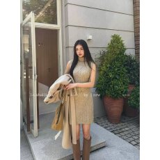 批发LS2026秋冬高领麻花针织背心连衣裙女修身显身材无袖内搭<b class='q'>包臀</b><b class='q'>短裙</b>
