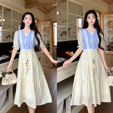 批发假两件连衣裙夏女新款法式温柔风条纹马甲拼接茶歇<b class='q'>长裙</b>
