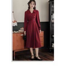 法式衬衫战袍连衣裙女 新款红色订婚敬酒日常裙子