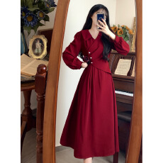 批发敬酒服新娘女酒红色长袖结婚订婚礼服连衣裙回门便装平时可穿