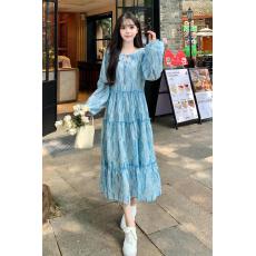 批发防晒连衣裙女薄荷曼波风碎花裙防晒蓝色