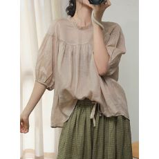 批发古与色文艺复古拼接花边领<b class='q'>宽松</b>大码衬衣蝙蝠短袖苎麻衬衫女上衣夏