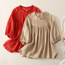 批发说与山听苎麻拼接花边套头<b class='q'>衬衫</b>休闲松驰感上衣日系风格穿搭女夏