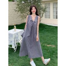 批发夏季新款法式简约纽结领口设计前后都可穿宽松格纹无袖<b class='q'>连衣裙</b>