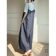批发蓝色条纹背带裤2026夏韩系宽松显瘦阔腿吊带连体裤裙裤