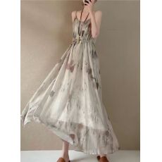 批发树叶拓染植物染加长吊带裙新中式系腰带清冷风印花背心长裙连衣裙