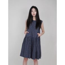 批发韩系港风蓝色条纹无袖衬衫裙子女设计感夏季宽松收腰背心<b class='q'>连衣裙</b>女