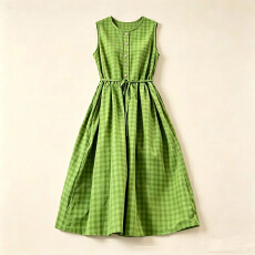 批发2026新款绿色格子绑带背心<b class='q'>连衣裙</b>子女夏季<b class='q'>纯棉</b>穿搭无袖收腰长裙