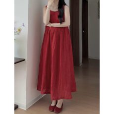 批发小方领棉麻<b class='q'>红色</b>气质<b class='q'>连衣裙</b>女夏季复古绝美氛围感长裙背心裙