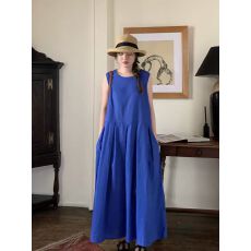 批发宝蓝色显白连衣裙中长款大摆棉麻亚麻无袖百褶背心裙女