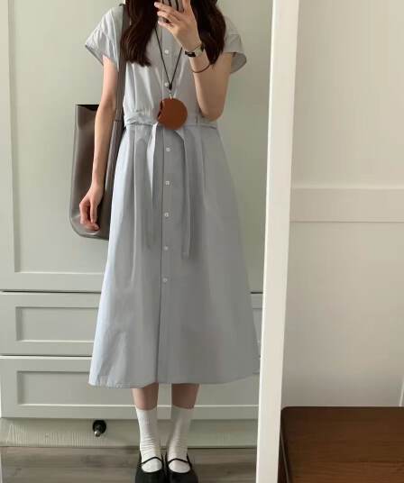 미니멀리즘 품격 라운드 넥 벨트 허리 수축 여성 드레스 여름 새로운 패션 슬림해 보이는 출퇴근 a 단어 길이 치마