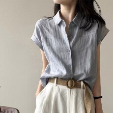 批发法式雾霾蓝色亚麻棉麻短袖衬衫女夏通勤穿搭<b class='q'>宽松</b>小飞袖蝙蝠袖衬衣