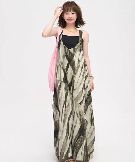 루즈핏 캐주얼 느긋한 바람 oversize 슬립 점프 슈트 여름 V넥 올리브 그린 스트라이프 멜빵 와이드 레그 팬츠