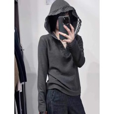 批发灰色蕾丝连帽德绒内搭打底上衣女秋冬修身短款小个子长袖t恤