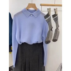 批发韩系蓝色polo领翻领长袖针织衫女秋冬小衫短款毛衣打底衫内搭上衣
