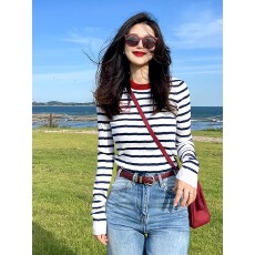 批发韩系chic独特漂亮上衣小个子洋气别致巨好看白色条纹长袖<b class='q'>T</b><b class='q'>恤</b>女秋