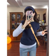 批发外搭韩系蓝色针织无袖马甲背心女秋冬独特漂亮内搭叠穿坎肩小上衣
