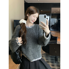 批发法式小香风圆领钉珠慵懒风毛衣