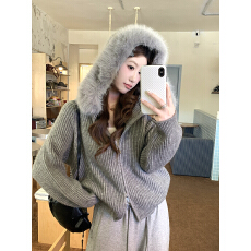 批发<b class='q'>秋</b>冬慵懒风大毛领连帽拉链毛衣外套女