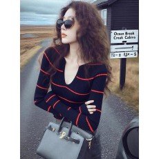 批发藏蓝色条纹v领长袖针织衫女深冬独特超好看毛衣内搭打底<b class='q'>上衣</b>