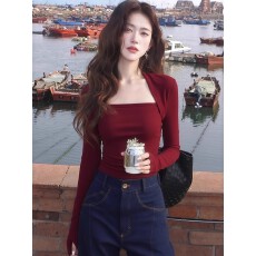 批发美式辣妹咖色方领长袖<b class='q'>t</b><b class='q'>恤</b>女秋冬季设计感修身内搭打底衫短款上衣