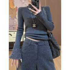 批发韩系灰色半高领镂空长袖<b class='q'>针织</b>衫女秋冬设计感毛衣内搭打底小衫上衣