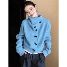 批发超火冬季氛围感上衣韩系小众不撞款洋气减龄蓝色高领毛衣针织开衫