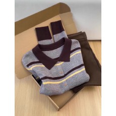 批发复古条纹风翻领针织衫女长袖显瘦减龄气质<b class='q'>大码</b>高级感<b class='q'>韩版</b>撞色上衣