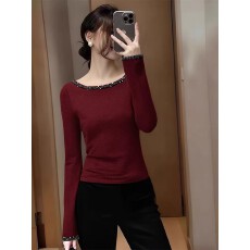 批发红色重工烫钻亮片针织打底衫女秋冬季毛衣内搭高级感<b class='q'>气质</b>长袖上衣