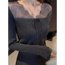 批发灰色蕾丝针织内搭打底衫2025新款今年流行气质上衣长袖<b class='q'>t</b><b class='q'>恤</b>女秋冬