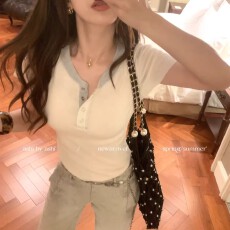 批发撞色圆领<b class='q'>短袖</b><b class='q'>T</b><b class='q'>恤</b>女简约休闲针织衫修身短款上衣