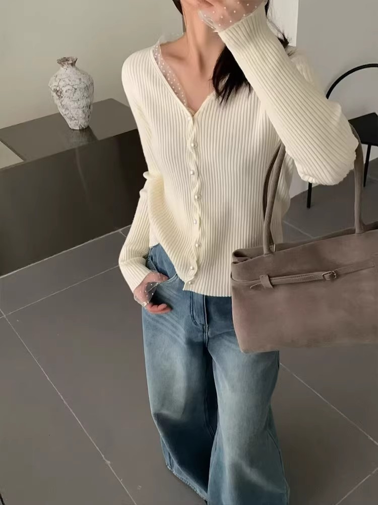 한 부서 V넥 긴팔 니트 오픈 가디건 여성 가을 새로운 다용도 슬림해 보이는 외부 가져 가라. 재킷 부드러운 찹쌀 연령 감소 작은 맨위