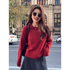 高级感红色烫钻长袖针织打底衫女秋冬宽松显瘦毛衣内搭巨好看上衣