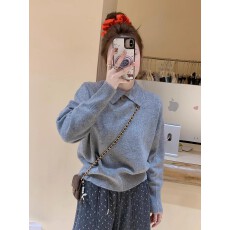 韩系穿搭Polo领灰色针织打底衫女秋冬宽松短款毛衣内搭小翻领上衣