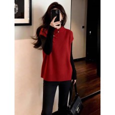 批发新中式国风百搭知性风宽松显白红色背心女2026<b class='q'>冬</b>立领盘扣新年毛衣