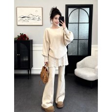 批发杏色休闲运动屁帘套装女2026新款冬季穿搭一整套上衣阔腿裤两件套