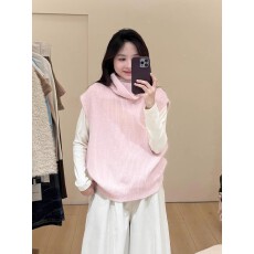 批发韩系粉色高领无袖针织马甲背心女春<b class='q'>秋</b>小个子巨好看的外搭叠穿上衣