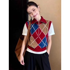 批发法式复古红色菱格翻领针织无袖马甲女<b class='q'>秋</b>冬季叠穿坎肩背心上衣外搭