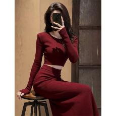 批发入冬漂亮衣服女装秋冬季炸街一整套红色针织上衣半身长裙<b class='q'>两件套装</b>