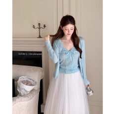 批发杨小卷 法式少女<b class='q'>针织</b>两件套 春夏薄款长袖<b class='q'>开衫</b>+花边蕾丝<b class='q'>针织</b>吊带