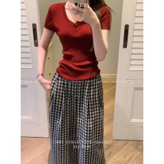 批发LIBBY四色入~高阶「至简坑条」撞色气质正肩修身t恤针织短袖<b class='q'>上衣</b>