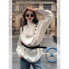 批发法式小资别致白色不规则长袖<b class='q'>衬衫</b>女早春独特漂亮巨好看中长款上衣