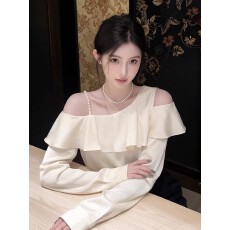 批发2026春季新款法式温柔风斜领长袖<b class='q'>衬衫</b>女白色荷叶边露肩上衣潮流感