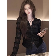 批发2026春季新款黑色蕾丝拉链开衫<b class='q'>女长袖</b>修身设计高级感小众上衣圆领