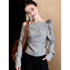 批发外出洋气灰色花朵小衫独特漂亮出片上衣服女装早春新款斜领衬衫薄